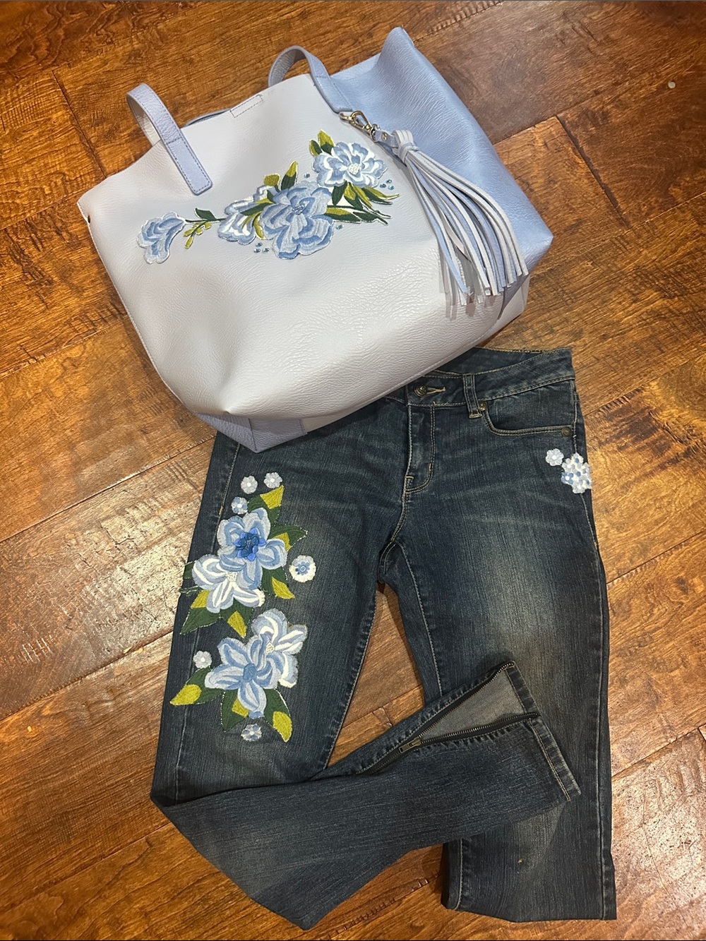 Light Blue Floral-Embroidered Tote Bag with Tassel